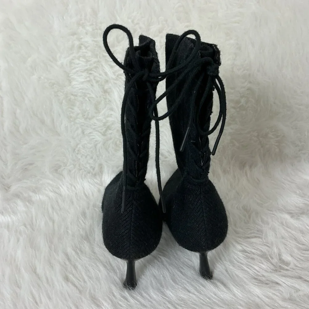 Vivaia Phoebe Kitten Heel Black Pointed Toe Lace Up Bootie Heels EU 42 US 10.5